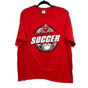 Manchester Soccer T Shirt Crew Neck Short Sleeves Graphic Logo Red Men Size XL*